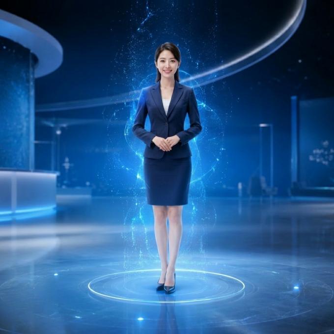 Yingmi AI digital receptionist ââ¬â a lifelike female virtual assistant in a navy suit standing in a modern smart lobby with holographic blue light effects
